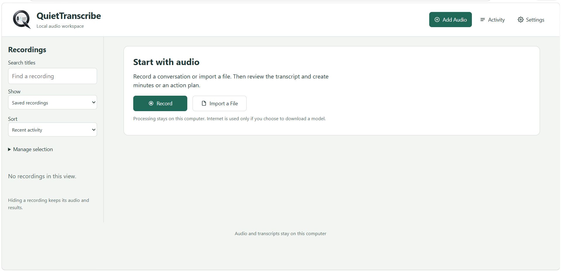 The QuietTranscribe recordings library and the Start with audio panel.
